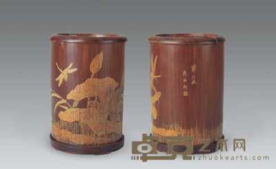 竹刻池塘清趣笔筒 高13.5cm